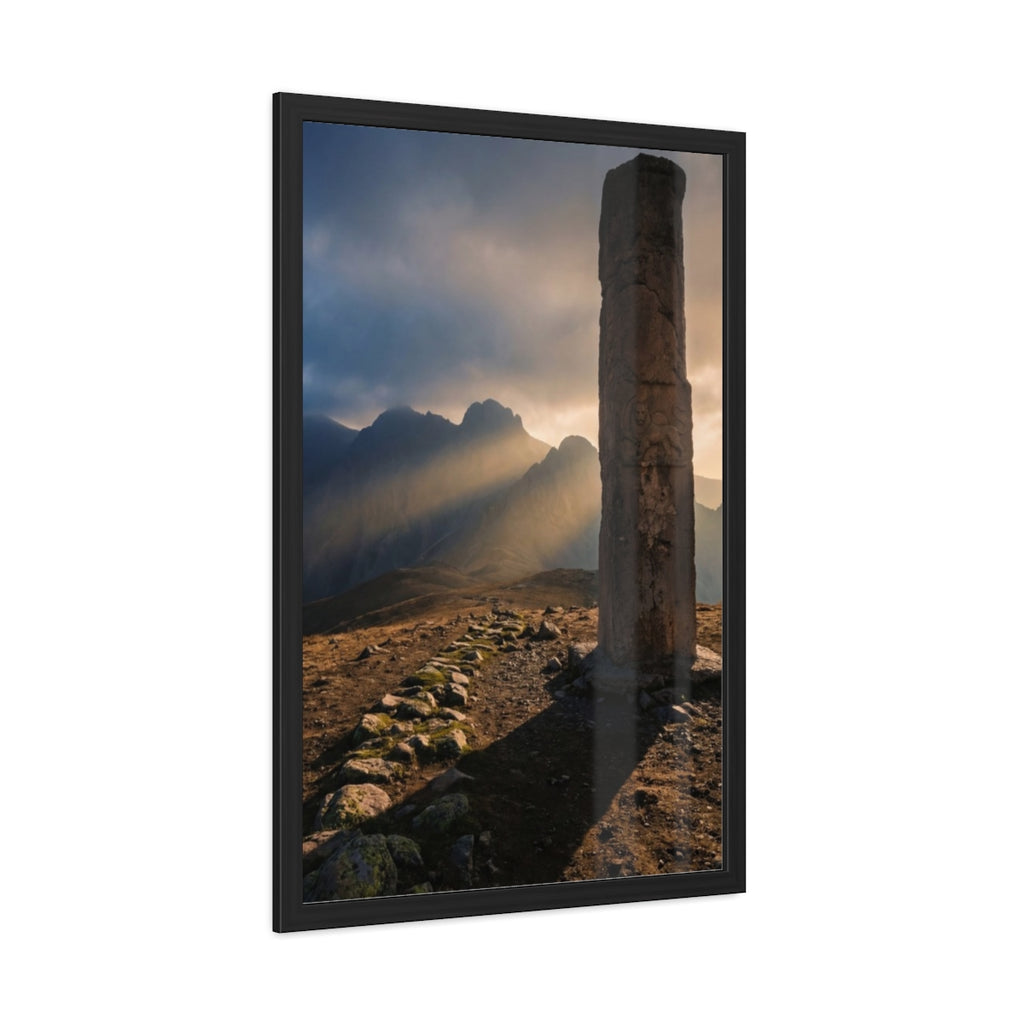 Framed Posters - Ancient Stone Column Mountain Sunset Art......