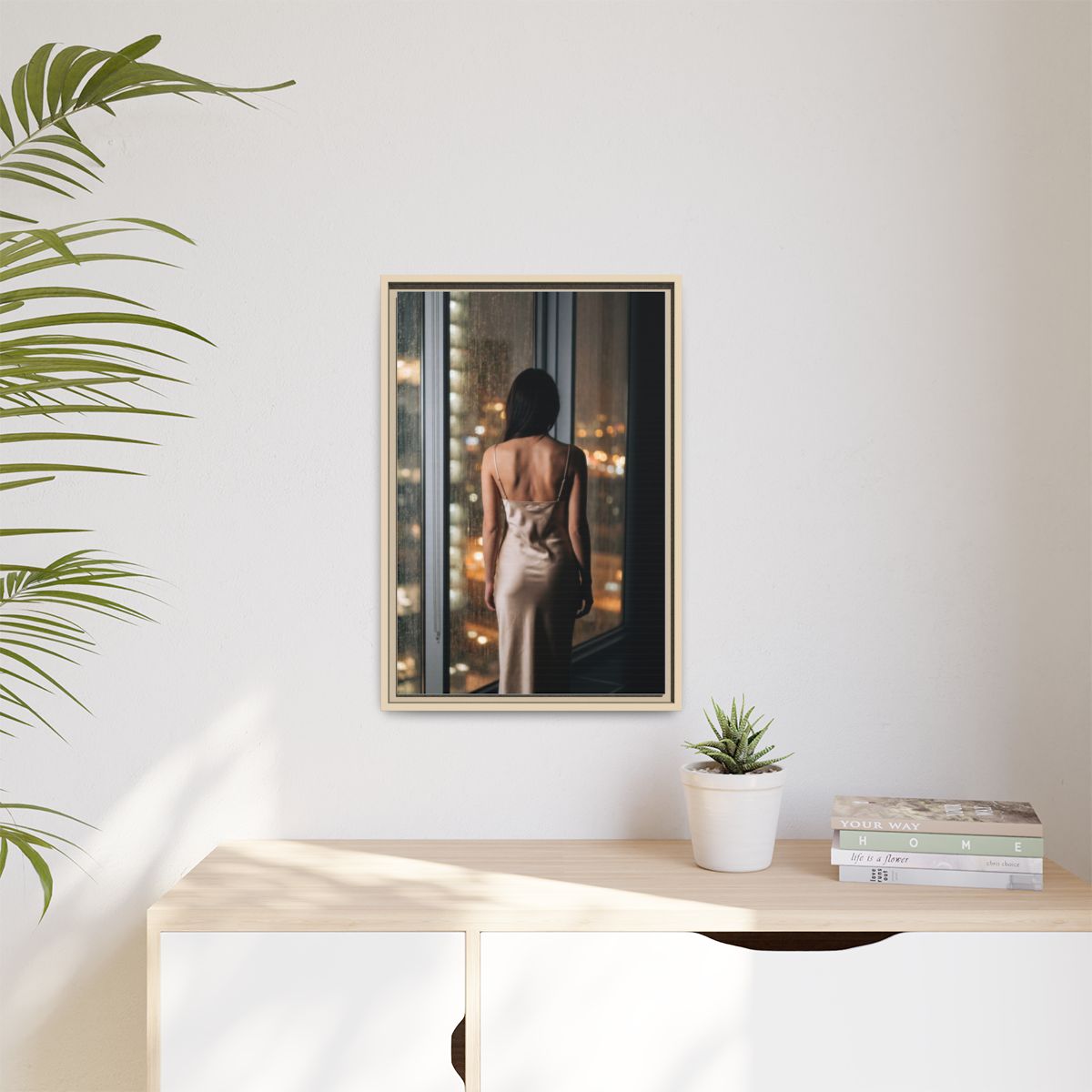 Matte Canvas, Framed - Rainy City lights Glow — Natural /......