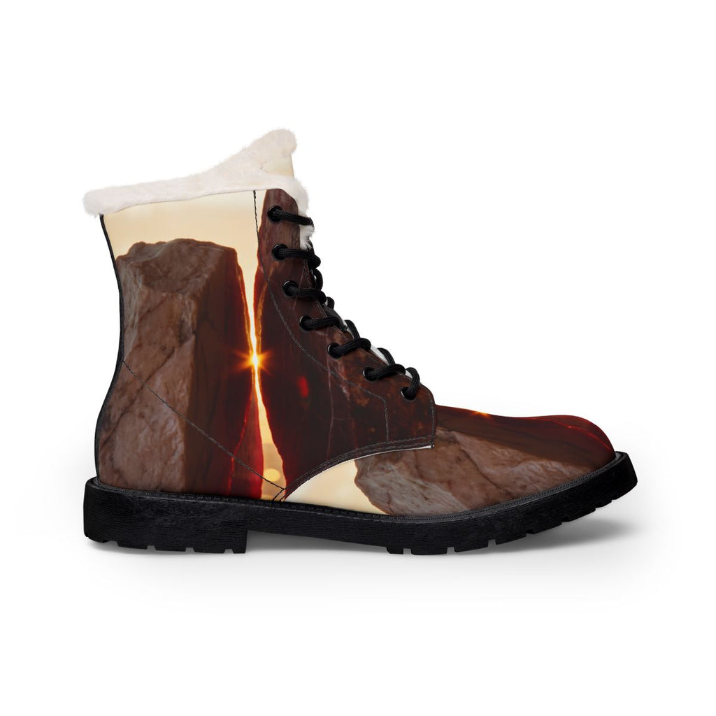 Women's Fur Leather Boots Sunset Horizon Stone Art