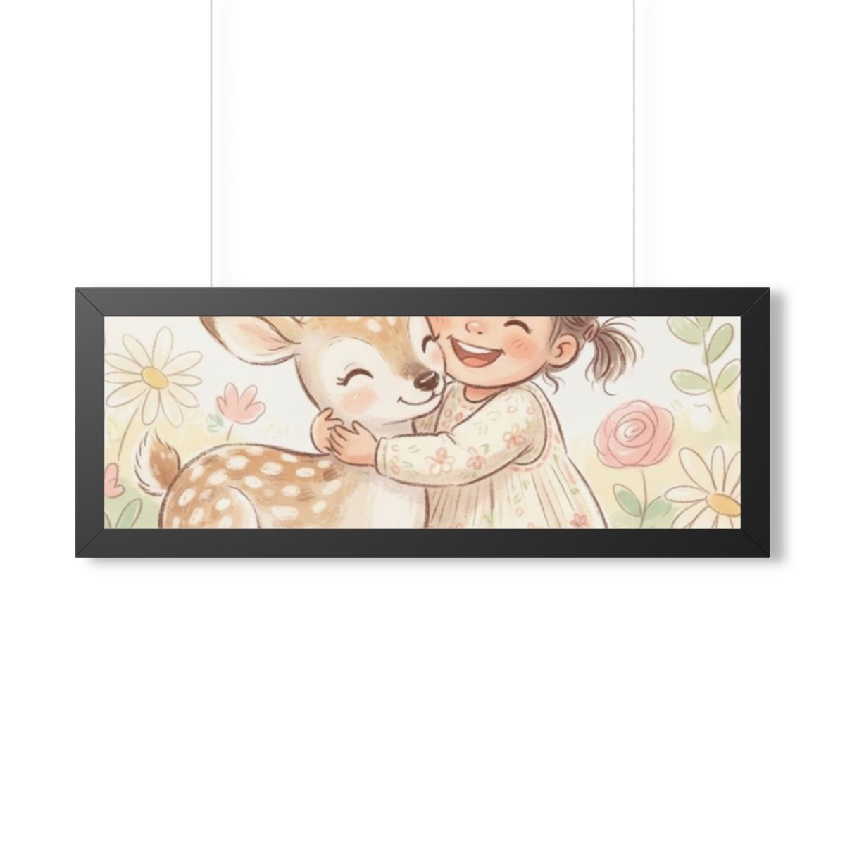Framed Horizontal Poster - Gentle Hug Meadow Deer Art —... |...
