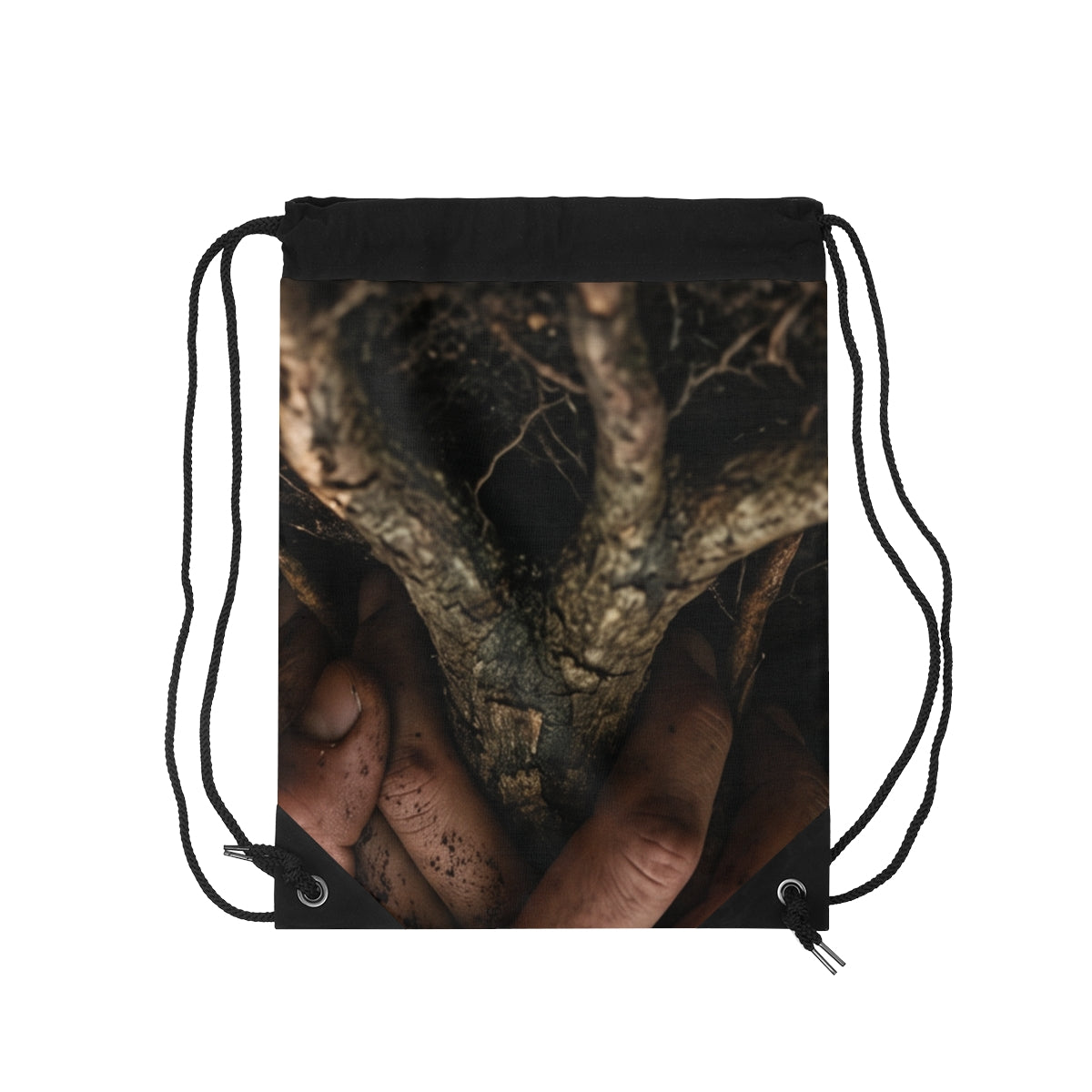 Drawstring Bag with Forest Roots and Hands Art