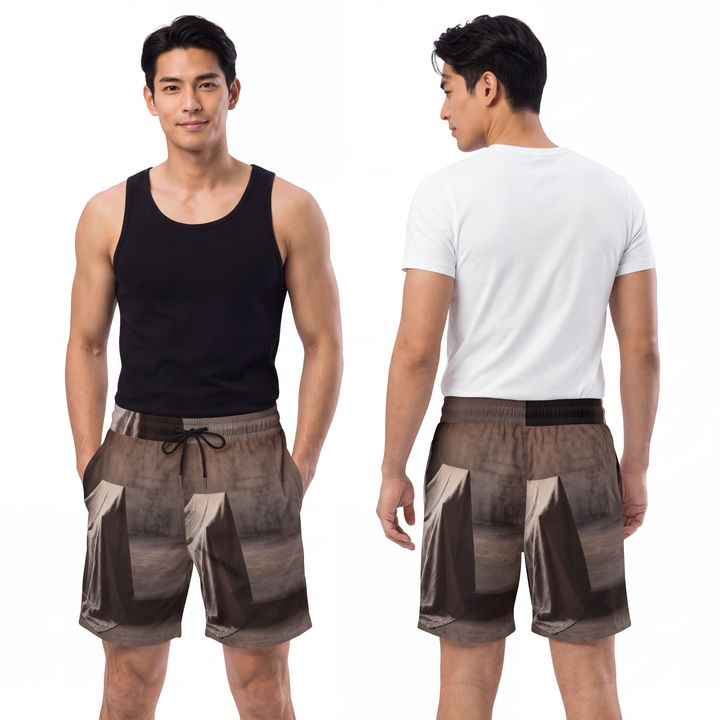 Men's Mid-Length Swim Shorts - Draped Silence Still Life Art - Shadowed Sanctuary