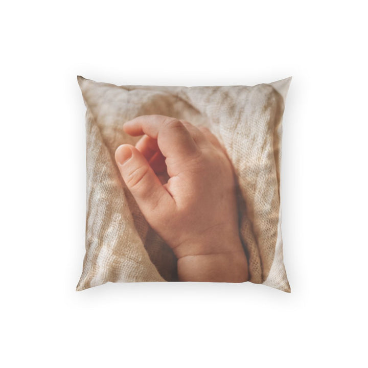 Poly Velvet Pillow - Tender Newborn Hand in Soft Muslin Blanket