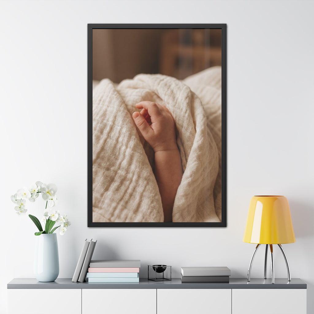Framed Posters - Tender Newborn Hand in Soft Muslin Blanket...