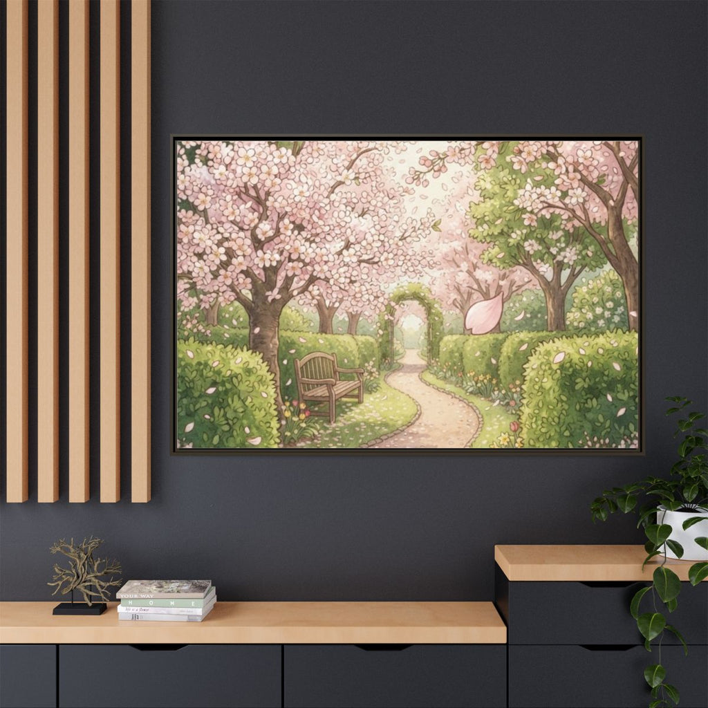 Matte Canvas Framed - Spring Blossom Pathway — Espresso /......