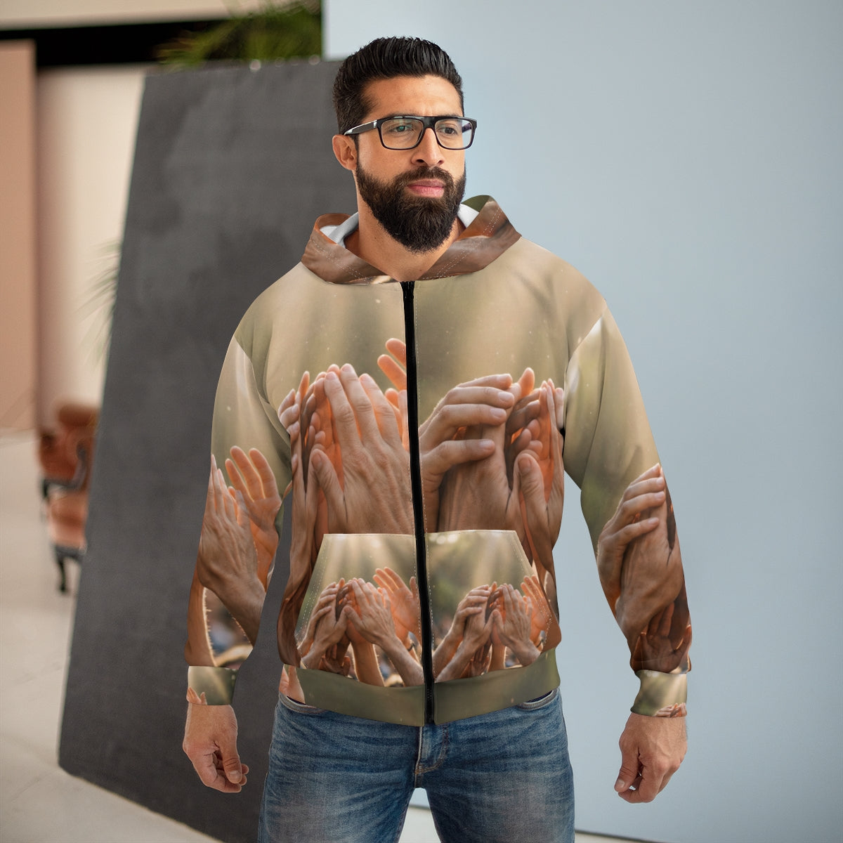 Men's Unisex Zip Hoodie - Golden Rays of Unity Wall Art |...