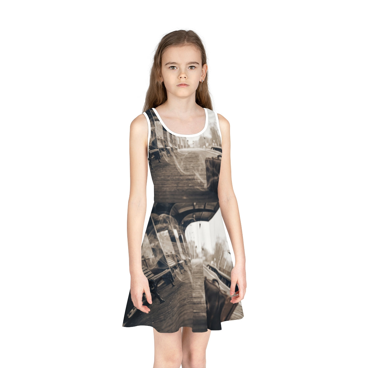 Girls' Sleeveless Sundress with Vintage Railway Art