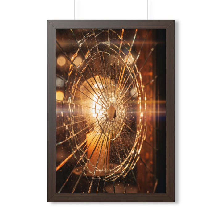 Framed Vertical Poster - Shattered Amber Glass Art — Walnut (11×14, 12×16, 16×16, 16×20, 16×24, 12×36 & 20×30)