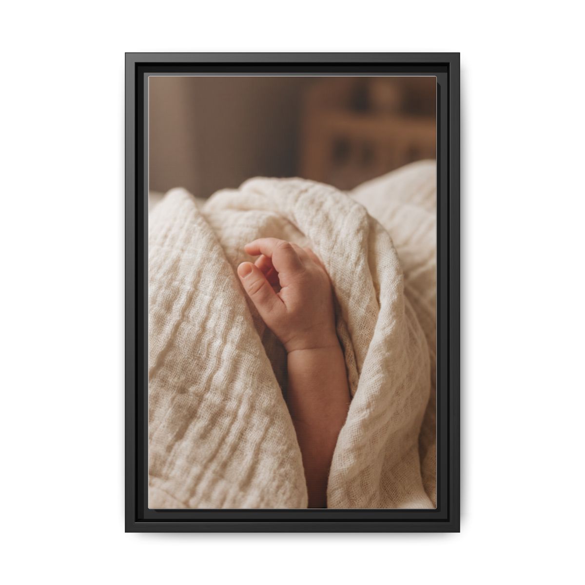 Framed Matte Canvas - Tender Newborn Hand (8×10, 9×12, 11×14, 12×16, 10×20, 12×18, 16×20, 16×24, 18×24, 12×36, 20×24, 16×32, 20×30, 24×30, 24×32, 16×48, 24×36, 24×48, 30×40, 20×60, 32×48, 30×60 & 40×60)