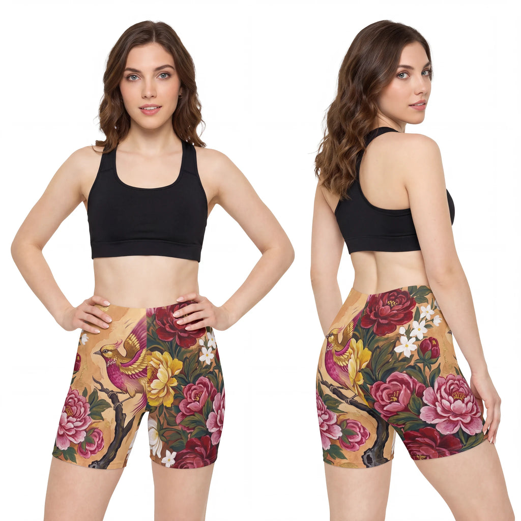 Women's Biker Shorts with Phoenix & Peonies