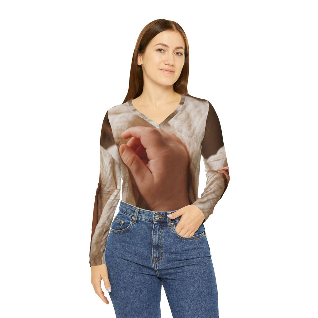 Women's Long Sleeve V-neck Shirt - Tender Newborn Hand in......