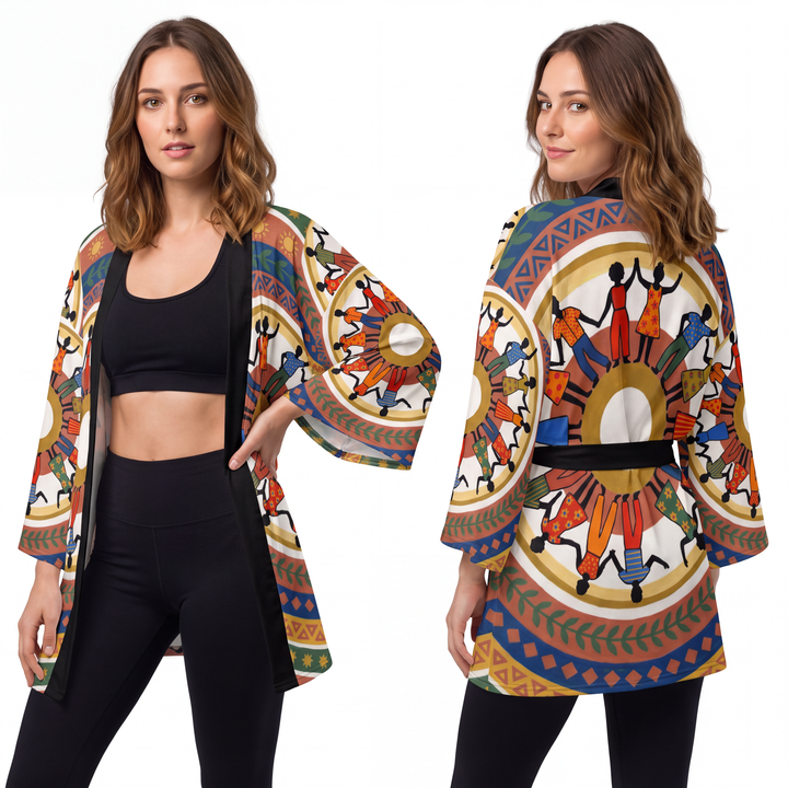 Long Sleeve Kimono Robe - Unity Mandala Folk Art