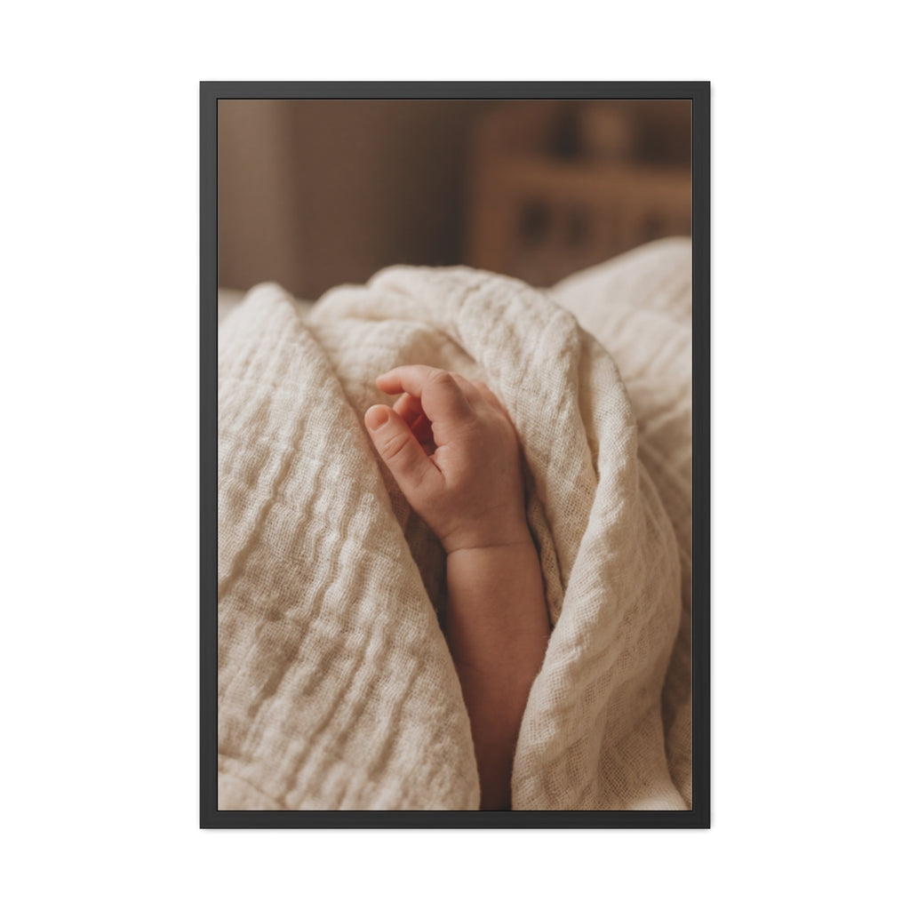 Framed Posters - Tender Newborn Hand in Soft Muslin Blanket...