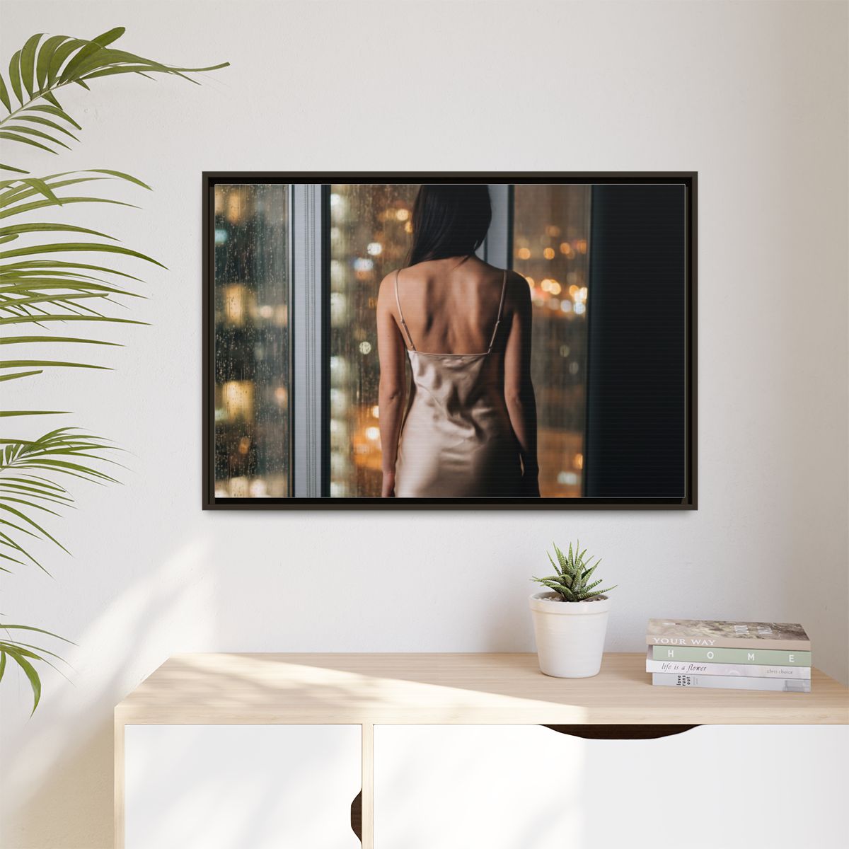 Matte Canvas, Framed - Rainy City lights Glow — Espresso /...