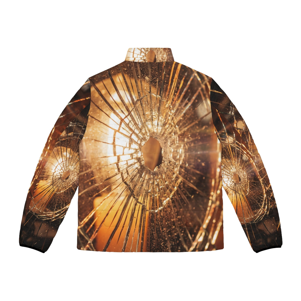 Men's Puffer Jacket - Fractured Light Amber Art - Cozy Moody...
