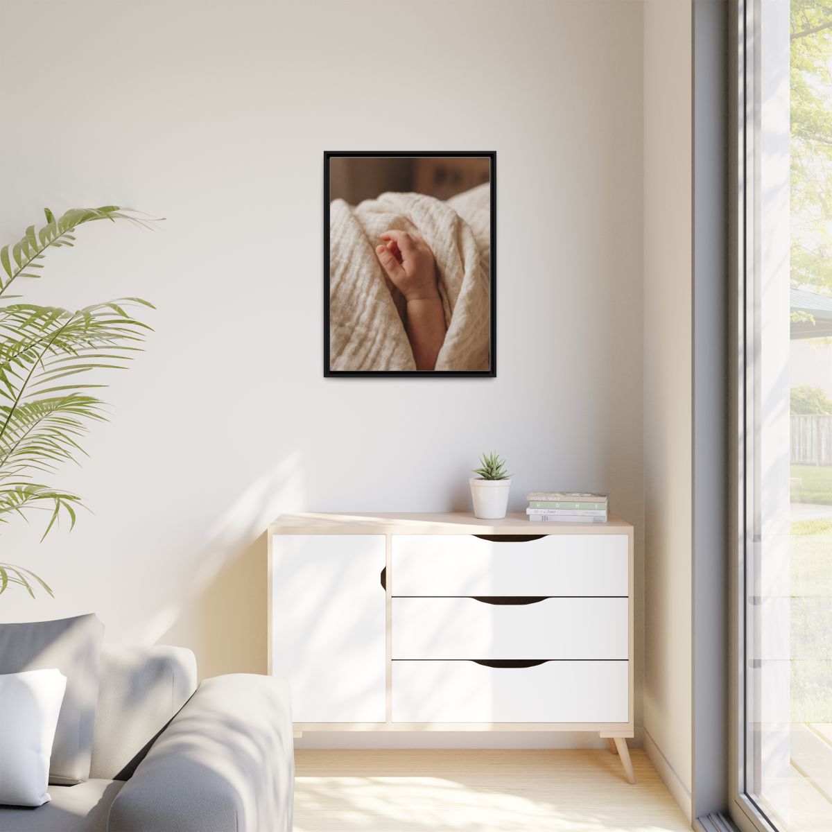 Matte Canvas, Framed - Tender Newborn Hand in Soft Muslin......