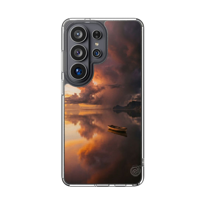Clear Impact-Resistant Samsung Galaxy Cases - Golden Hour Storm Boat | Galaxy S26 Ultra, S26 Plus, S26 & More