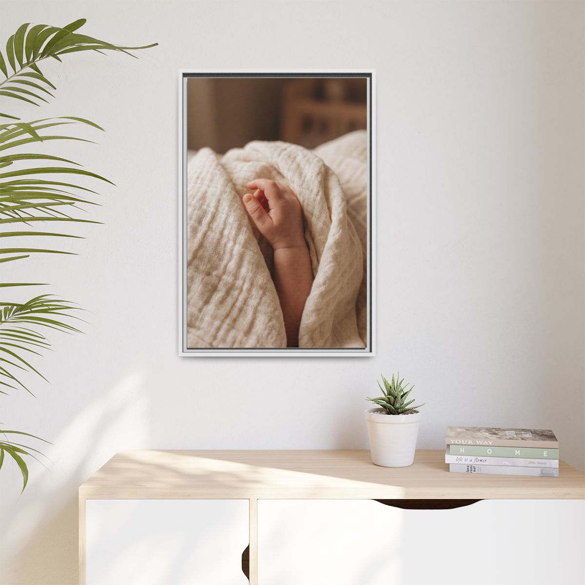 Matte Canvas, Framed - Tender Newborn Hand in Soft Muslin......