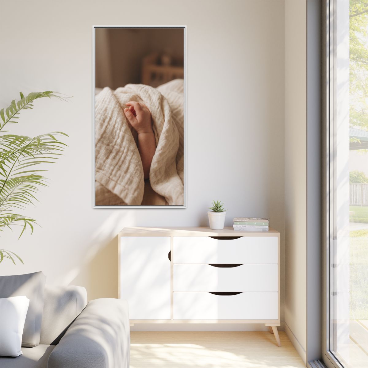 Matte Canvas, Framed - Tender Newborn Hand in Soft Muslin......