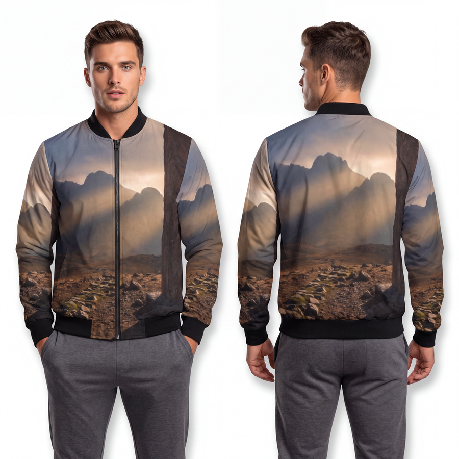 Men's Bomber Jacket - Mystic Monolith Ancient Persian Mountain Art