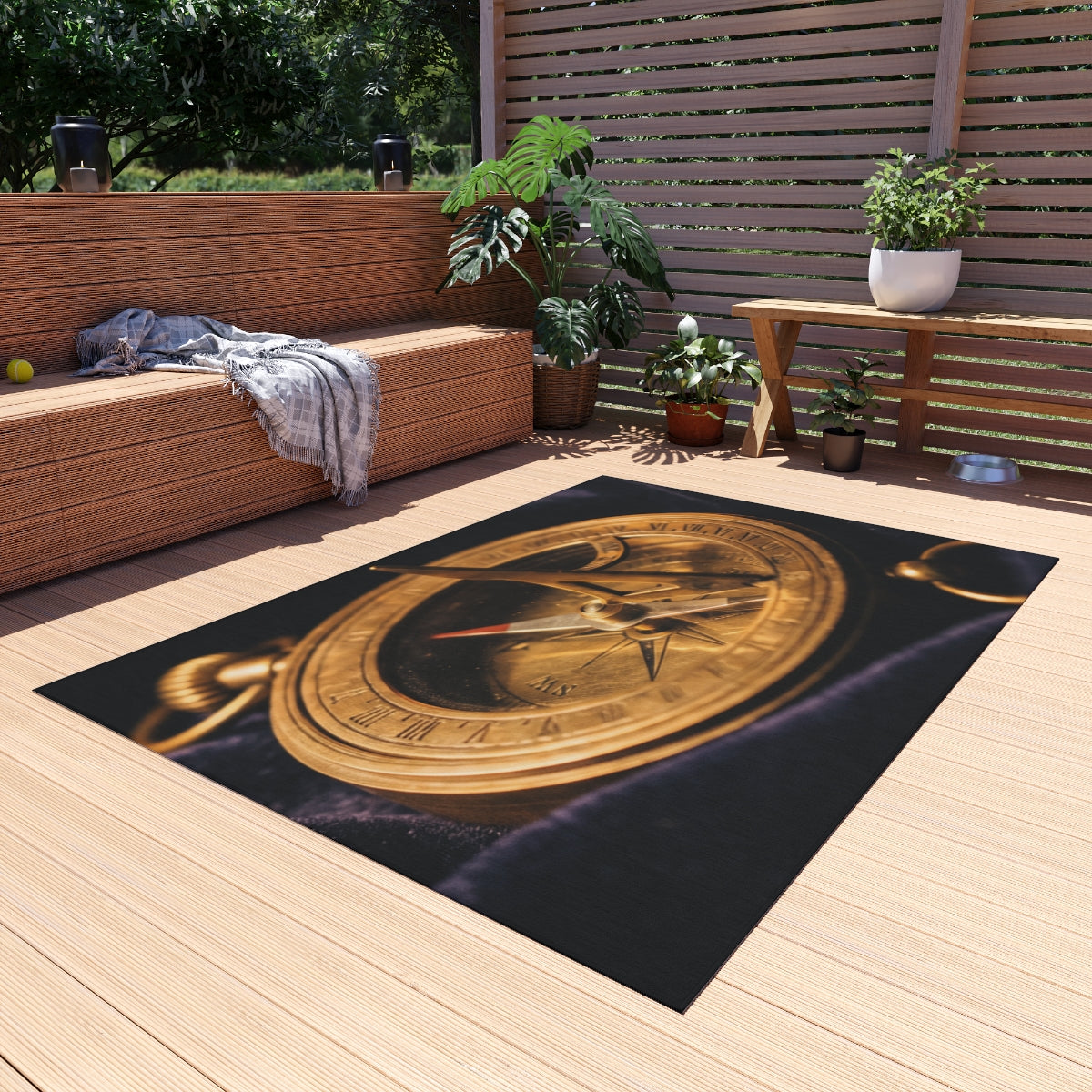 Vintage Brass Sundial Compass Outdoor Rug