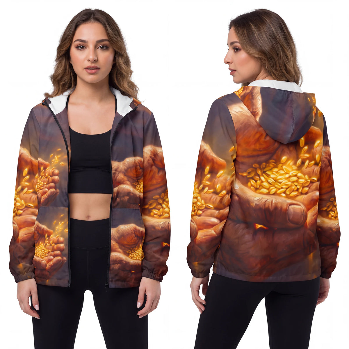 Women's Windbreaker Jacket with Wheat Grain Art