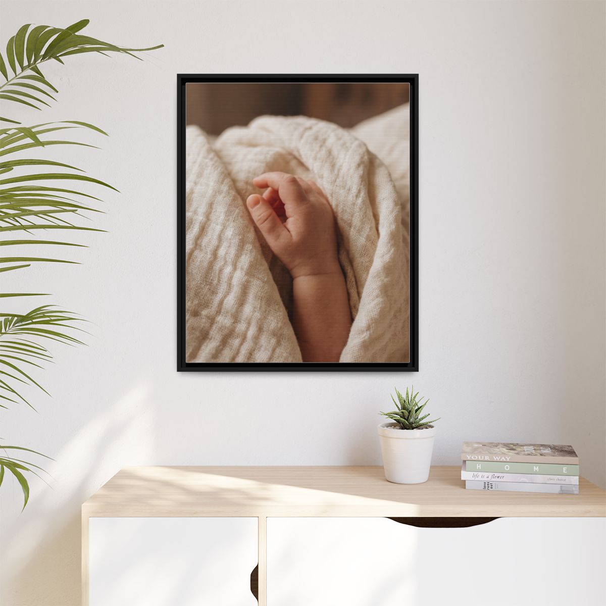 Matte Canvas, Framed - Tender Newborn Hand in Soft Muslin......