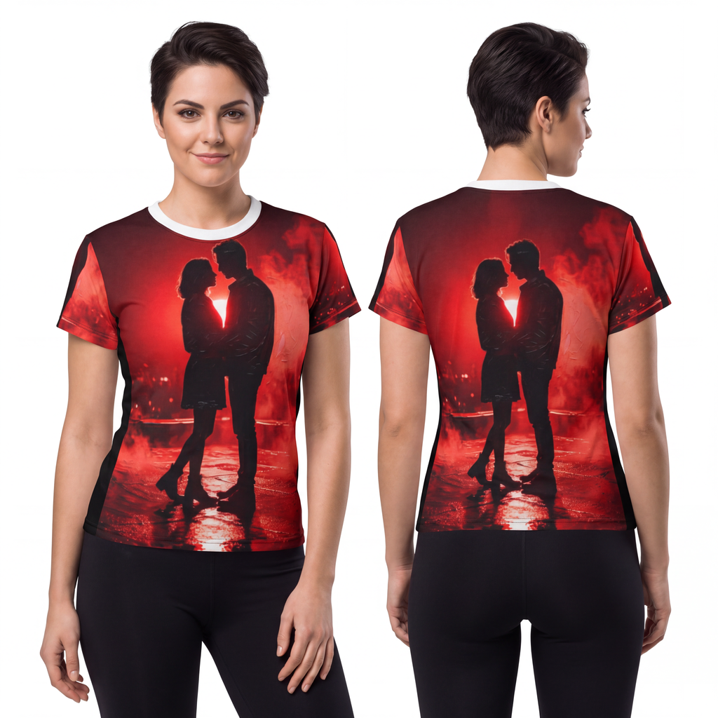 Women's Cut & Sew Tee - Crimson Midnight Rooftop Embrace Art...