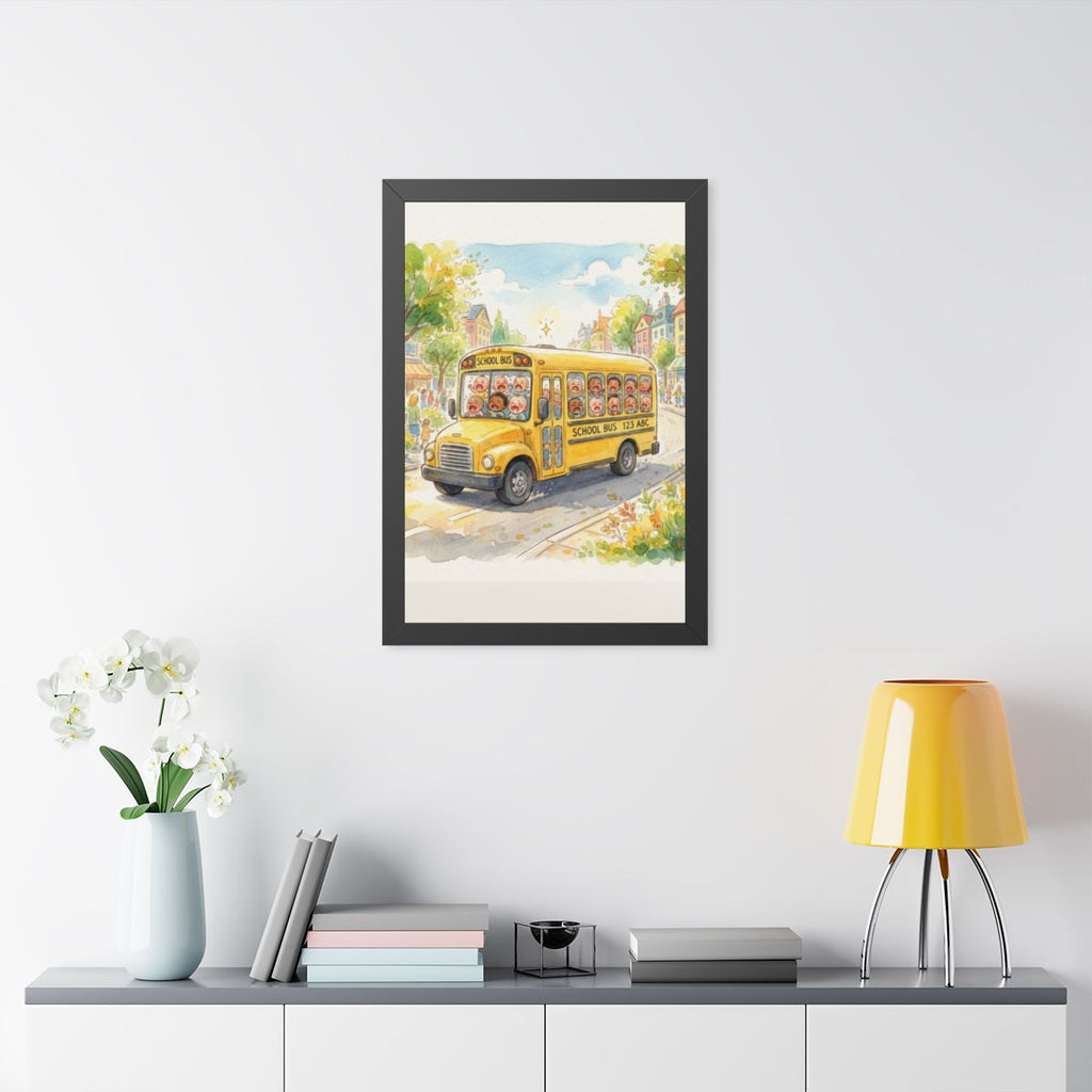 Framed Vertical Poster - Storybook School Bus Watercolor Art...