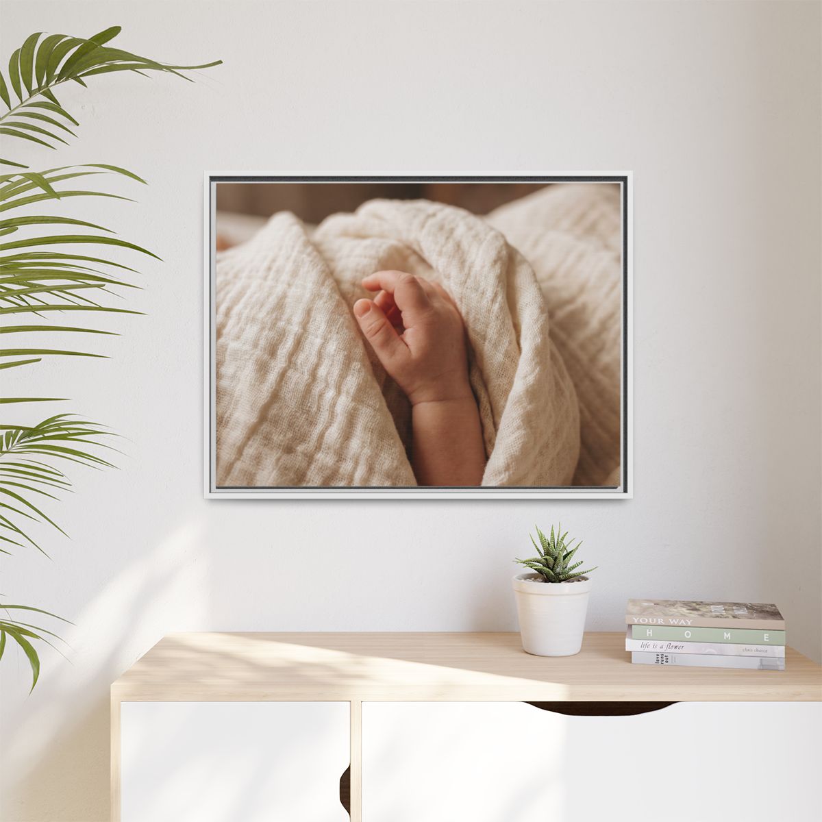 Matte Canvas, Framed - Tender Newborn Hand in Soft Muslin......