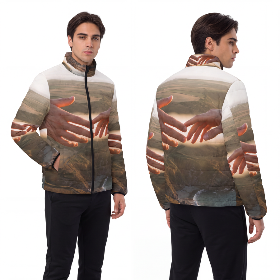 Men's Puffer Jacket - The Infinite Touch | Ethereal Coastal Art