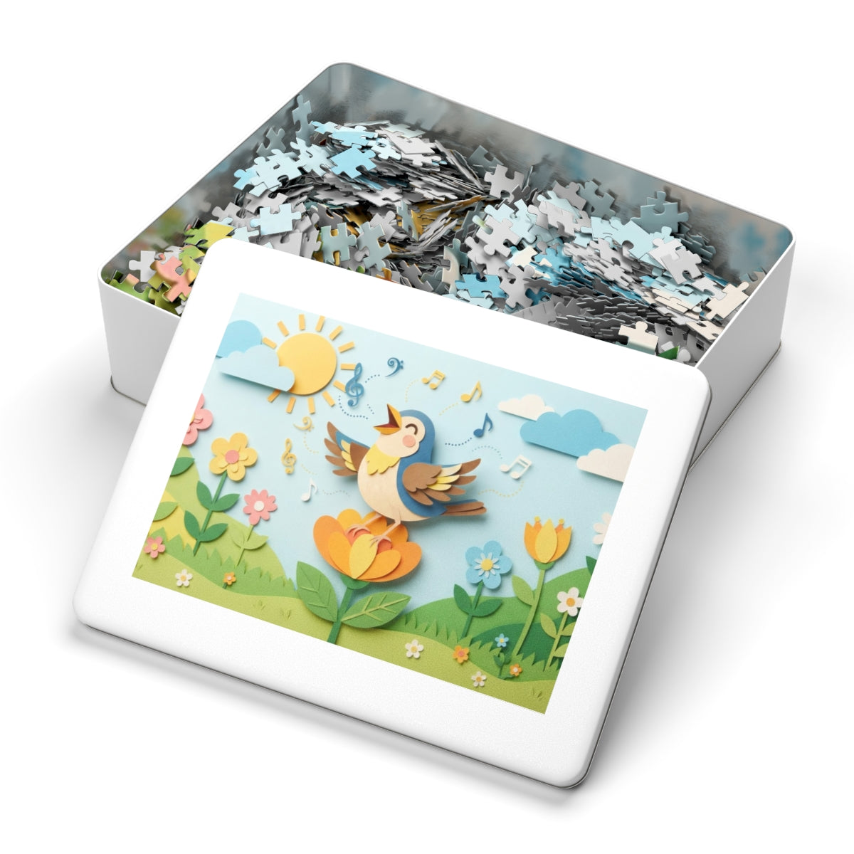 Jigsaw Puzzle with Tin - Papercut Songbird Meadow Canvas Art...