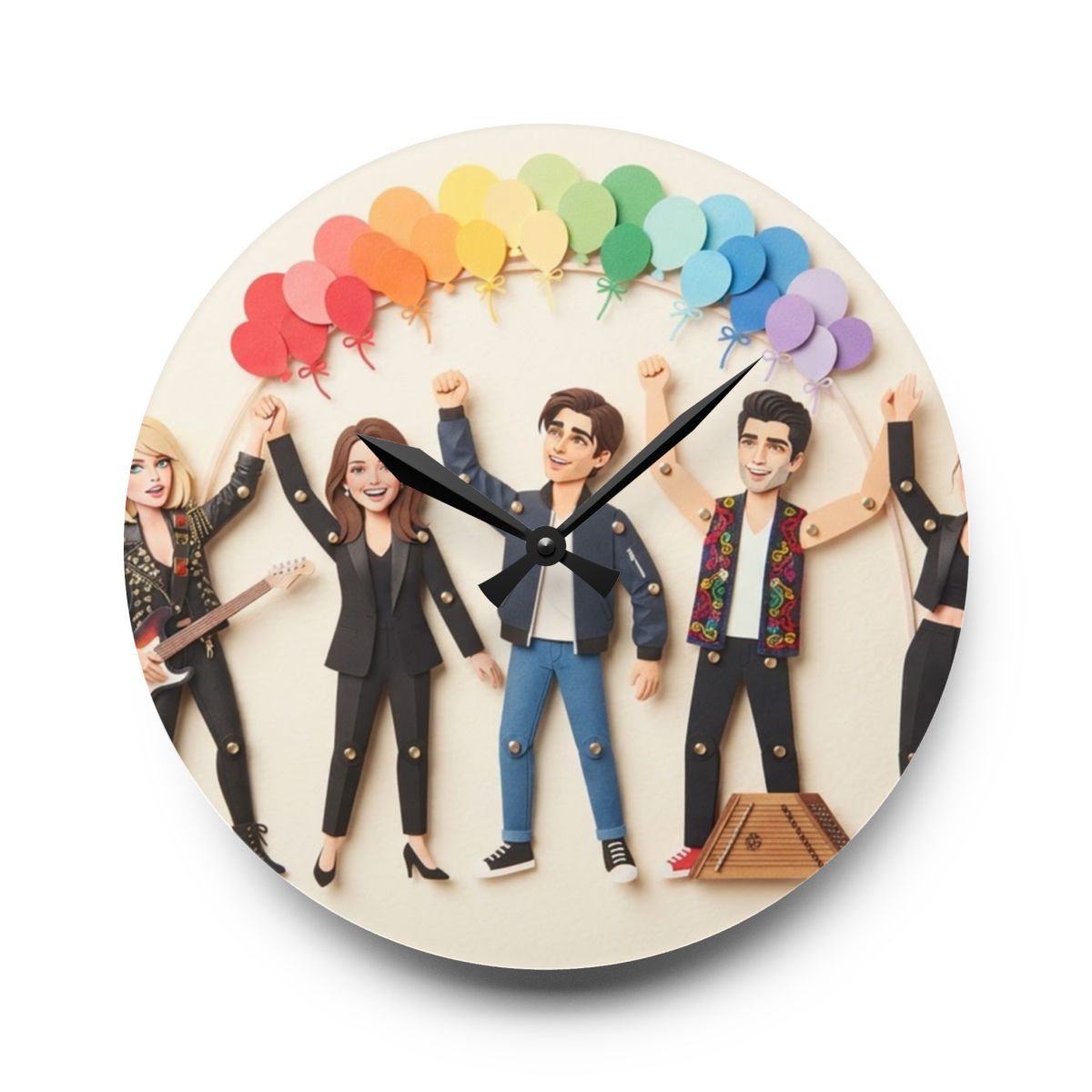 Acrylic Wall Clock - Papercraft Band Under Rainbow Balloons...