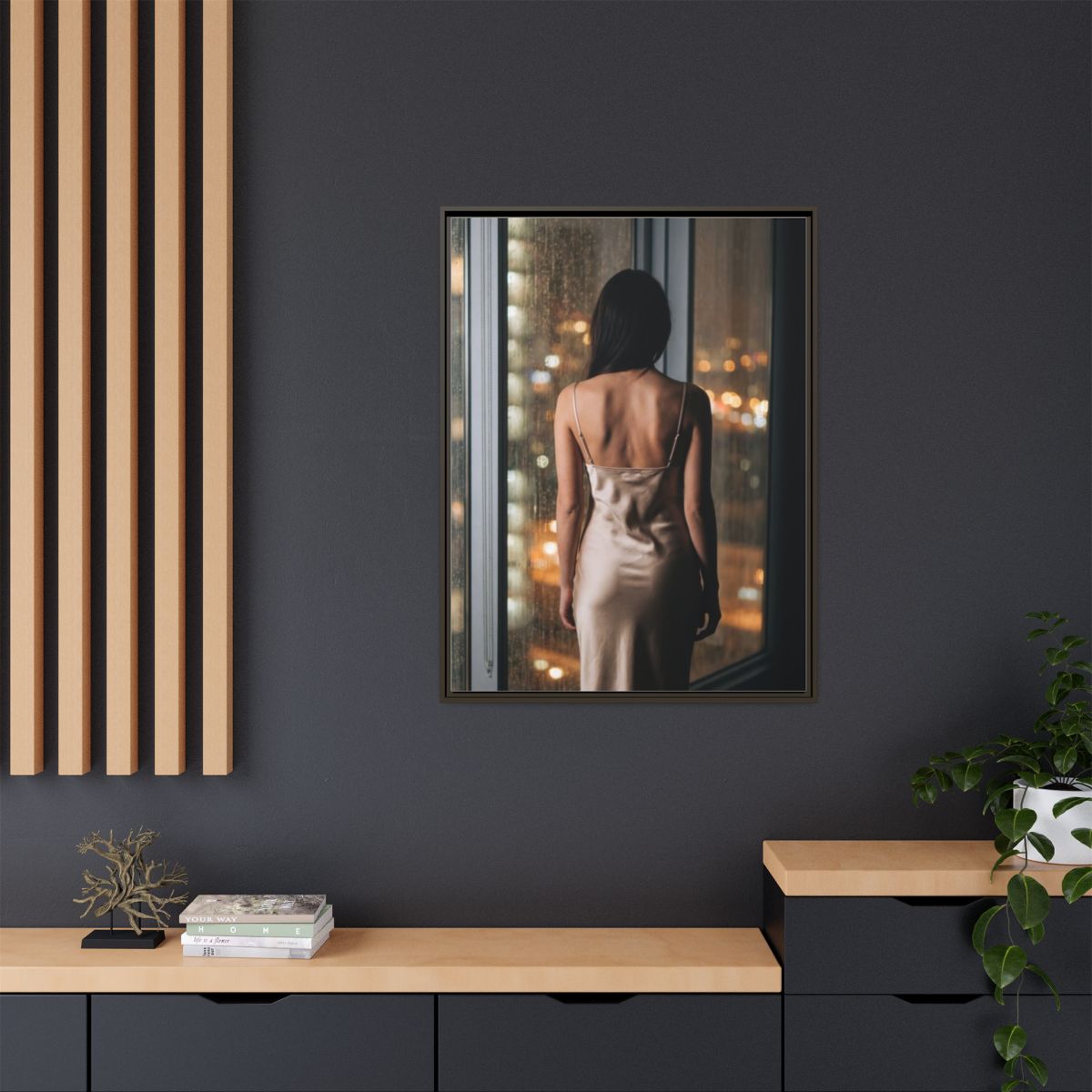 Matte Canvas, Framed - Rainy City lights Glow — Espresso /...
