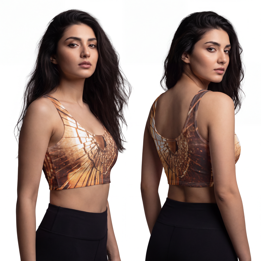 Polyester Sports Bra - Golden Fractures Shattered Glass Art...