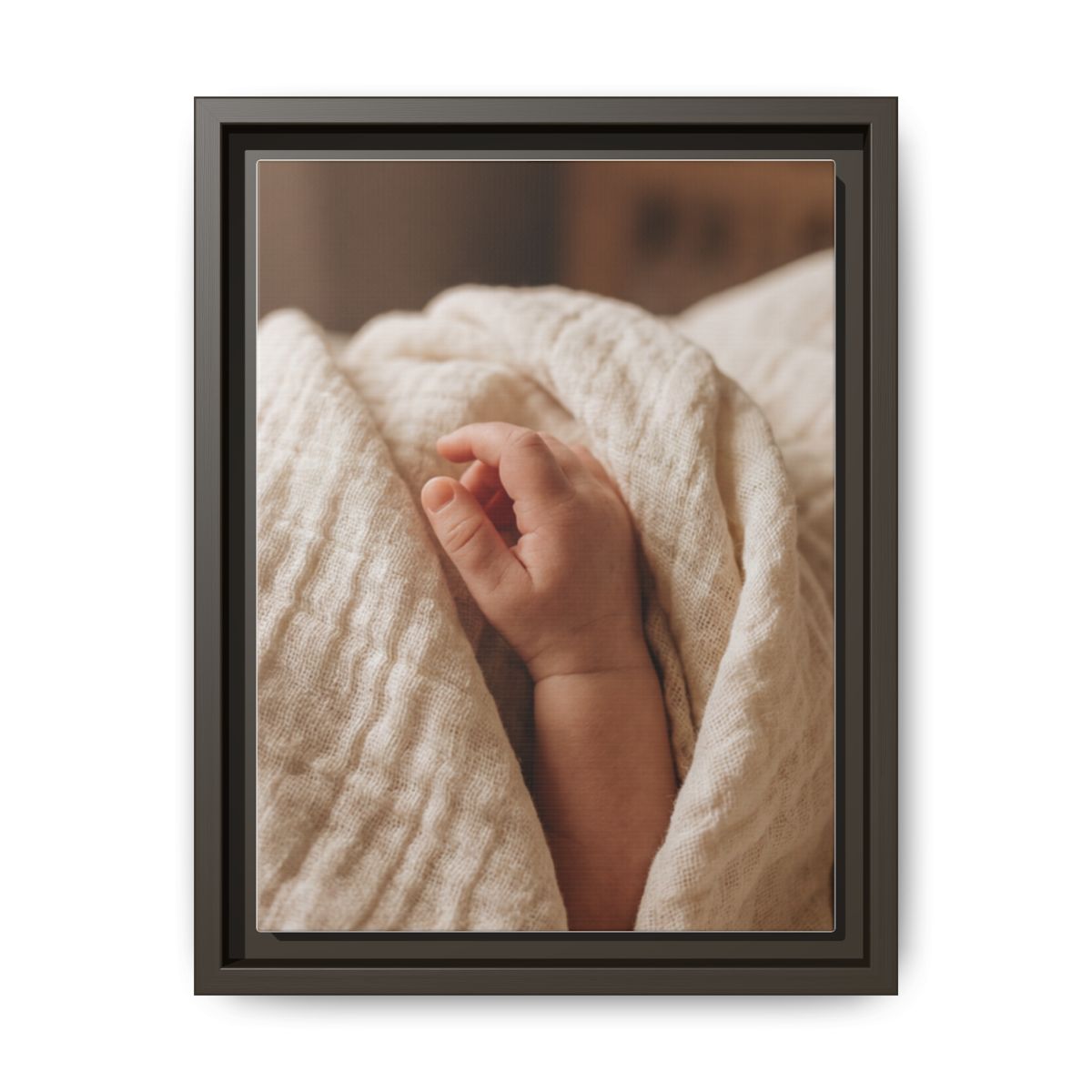 Framed Matte Canvas - Tender Newborn Hand (8×10, 9×12, 11×14, 12×16, 10×20, 12×18, 16×20, 16×24, 18×24, 12×36, 20×24, 16×32, 20×30, 24×30, 24×32, 16×48, 24×36, 24×48, 30×40, 20×60, 32×48, 30×60 & 40×60)