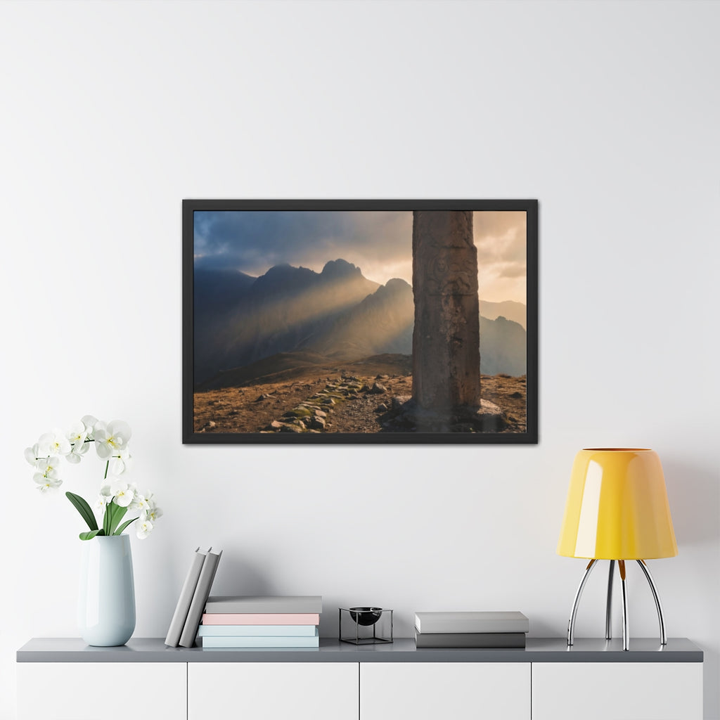 Framed Posters - Ancient Stone Column Mountain Sunset Art......