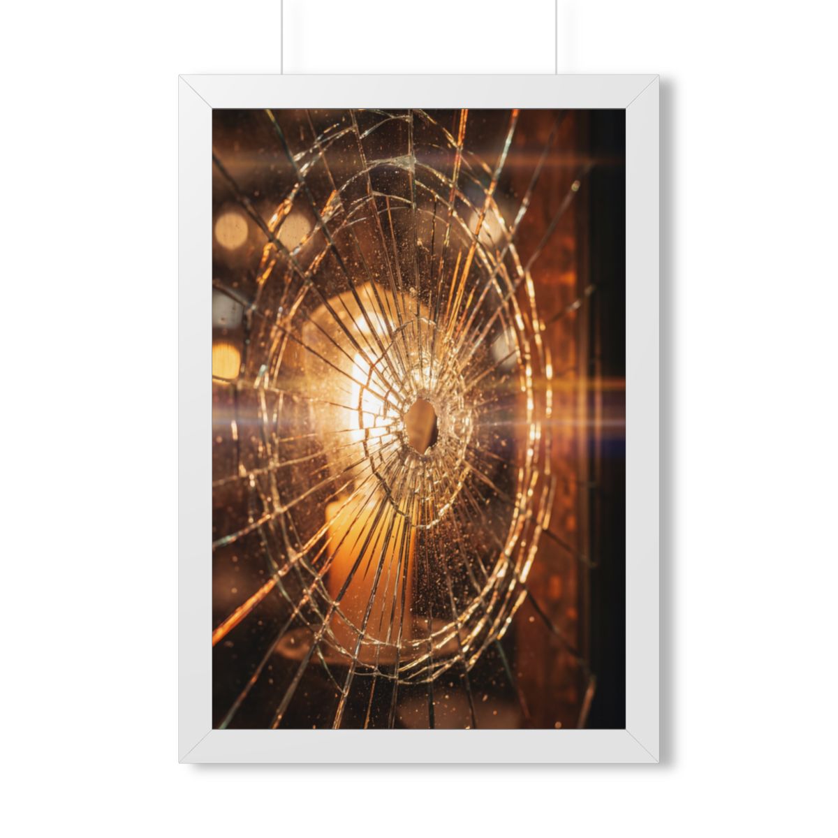 Framed Vertical Poster - Shattered Amber Glass Art — White...