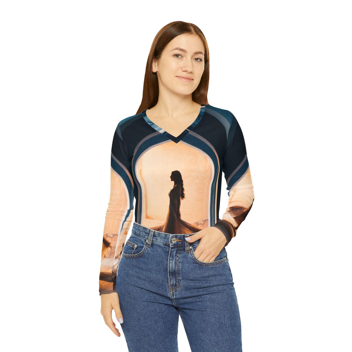 Women's V-Neck Shirt with Cerulean Arch Silhouette