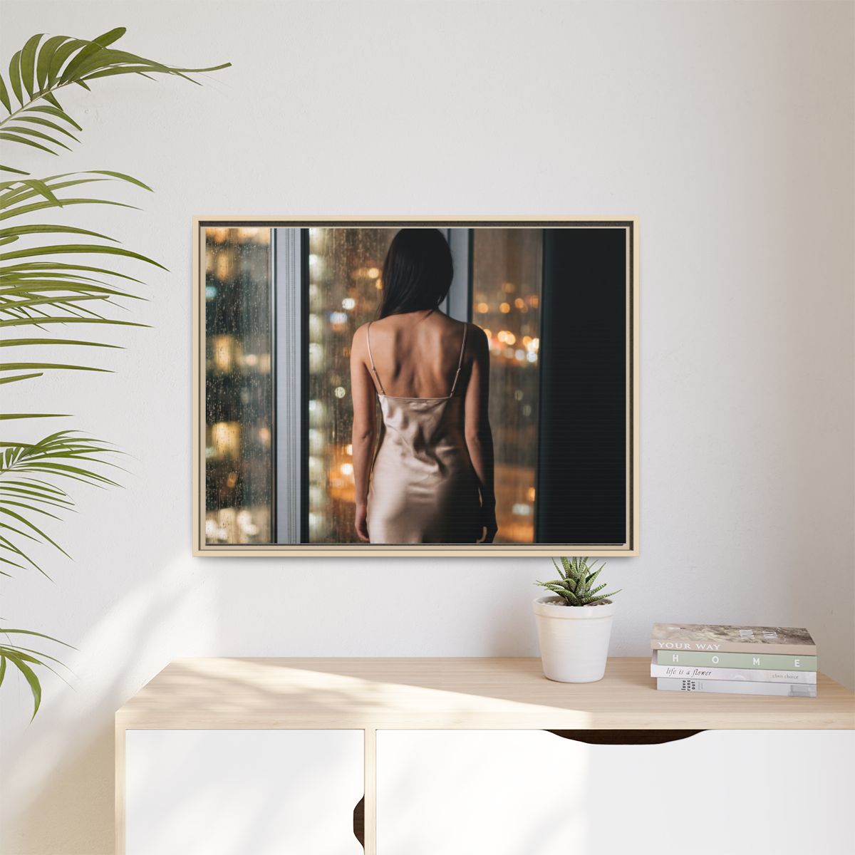 Matte Canvas, Framed - Rainy City lights Glow — Natural /......