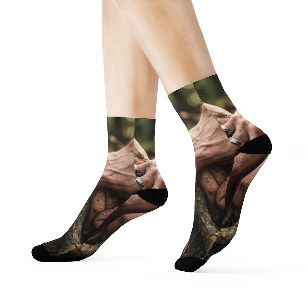 Crew Socks with Forest Roots and Hands Art