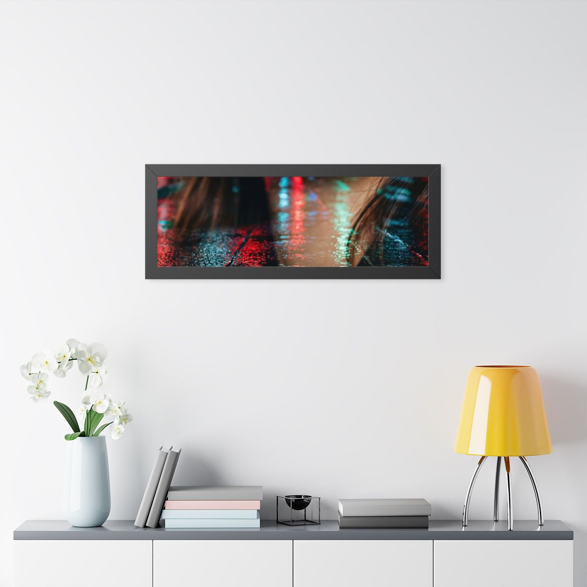 Framed Horizontal Poster - Neon Dreams Rain Portrait — Black...