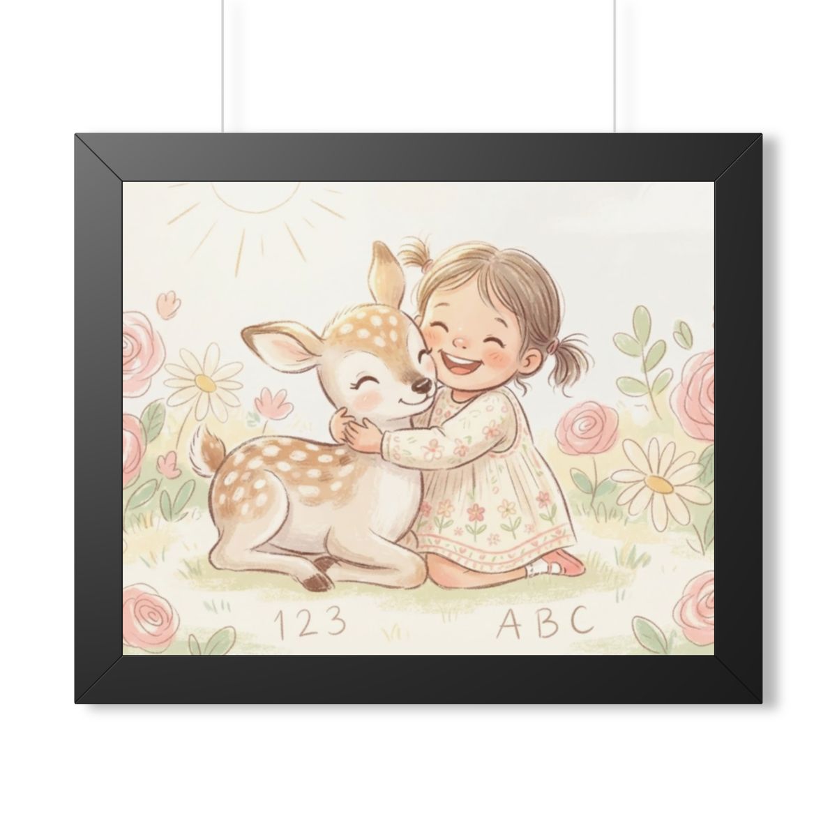 Framed Horizontal Poster - Gentle Hug Meadow Deer Art —... |...
