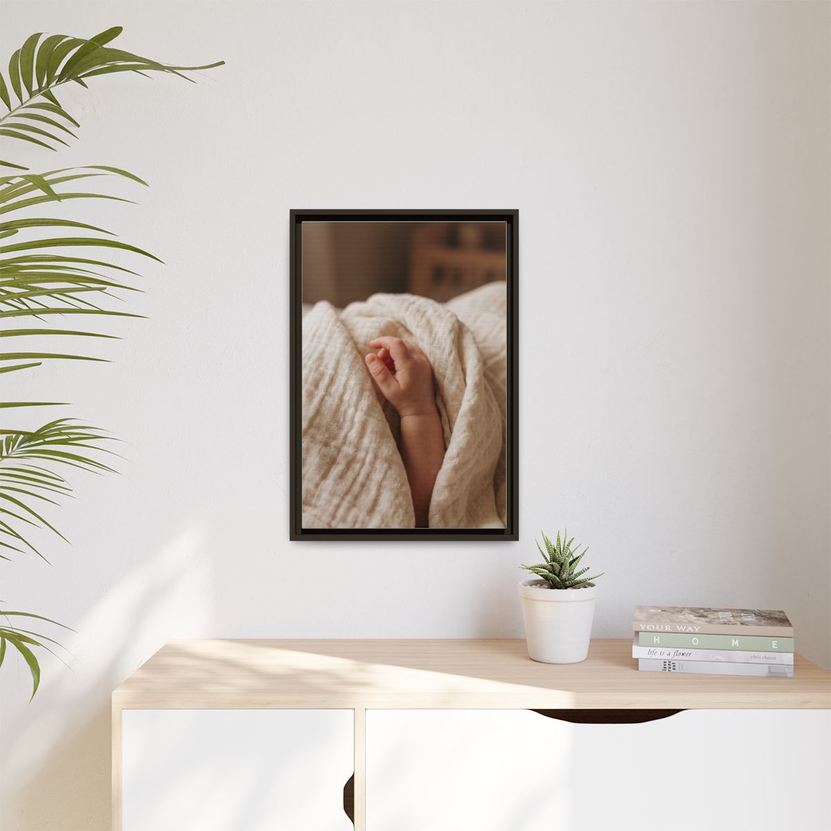 Matte Canvas, Framed - Tender Newborn Hand in Soft Muslin......