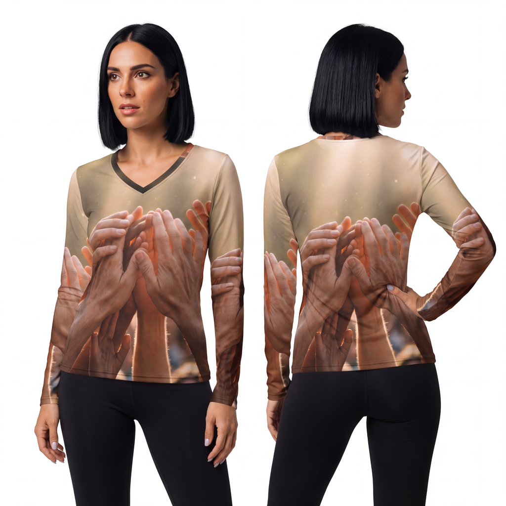 Women's Long Sleeve V-neck Shirt - Golden Rays of Unity Wall...