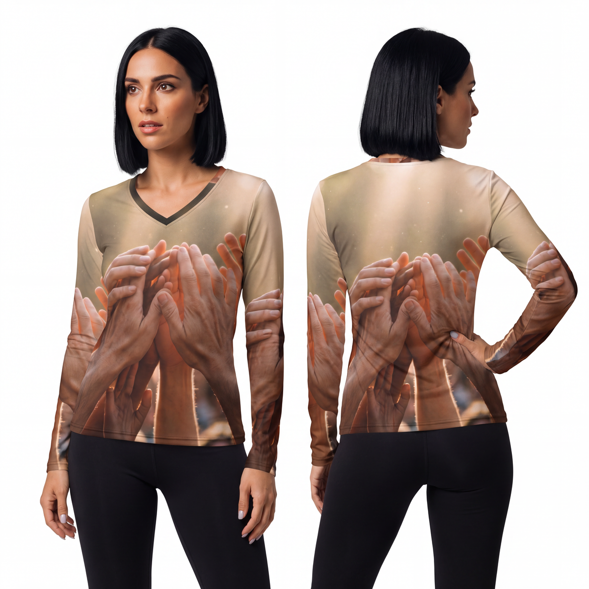 Women's Long Sleeve V-neck Shirt - Golden Rays of Unity Wall...
