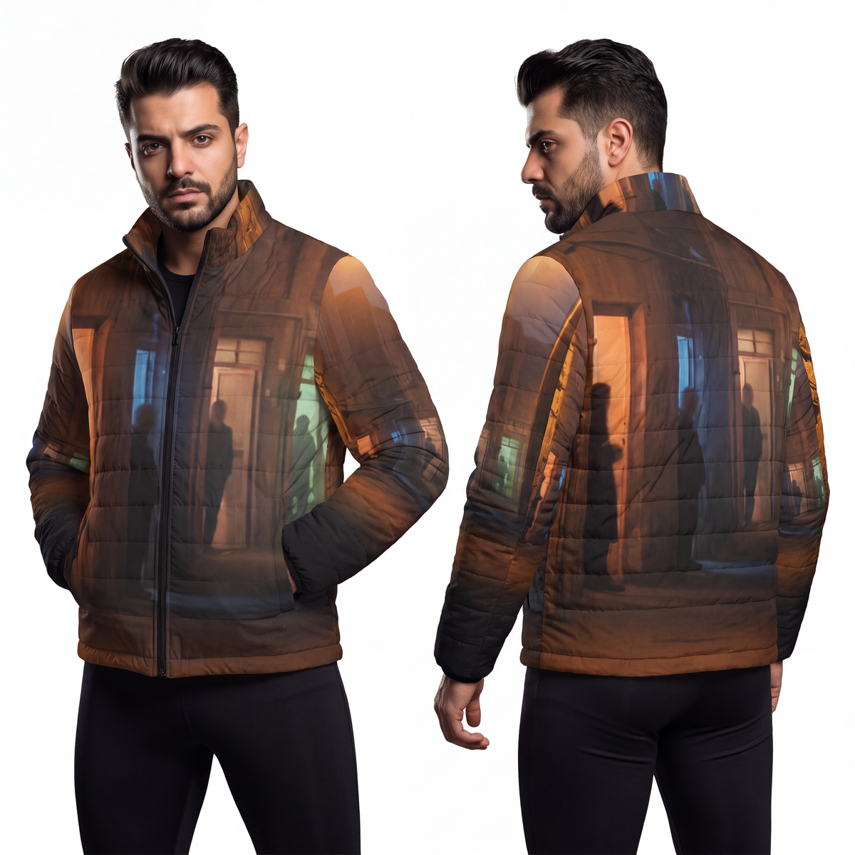 Men's Puffer Jacket - Shadowed Alleyway Mystery Art Print |...
