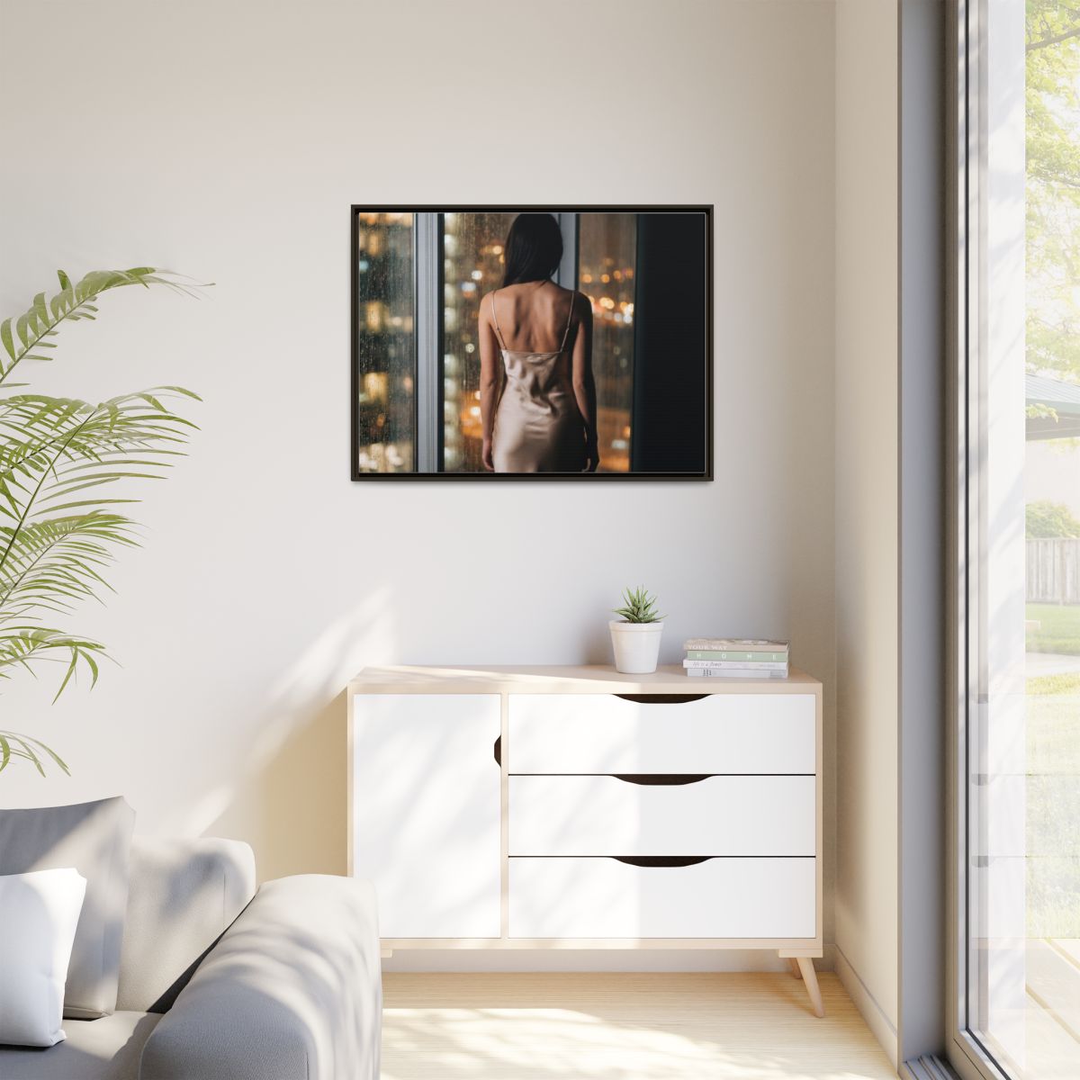 Matte Canvas, Framed - Rainy City lights Glow — Espresso /...