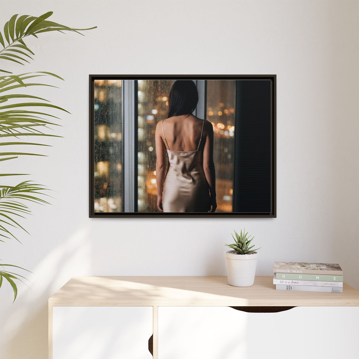 Matte Canvas, Framed - Rainy City lights Glow — Espresso /...