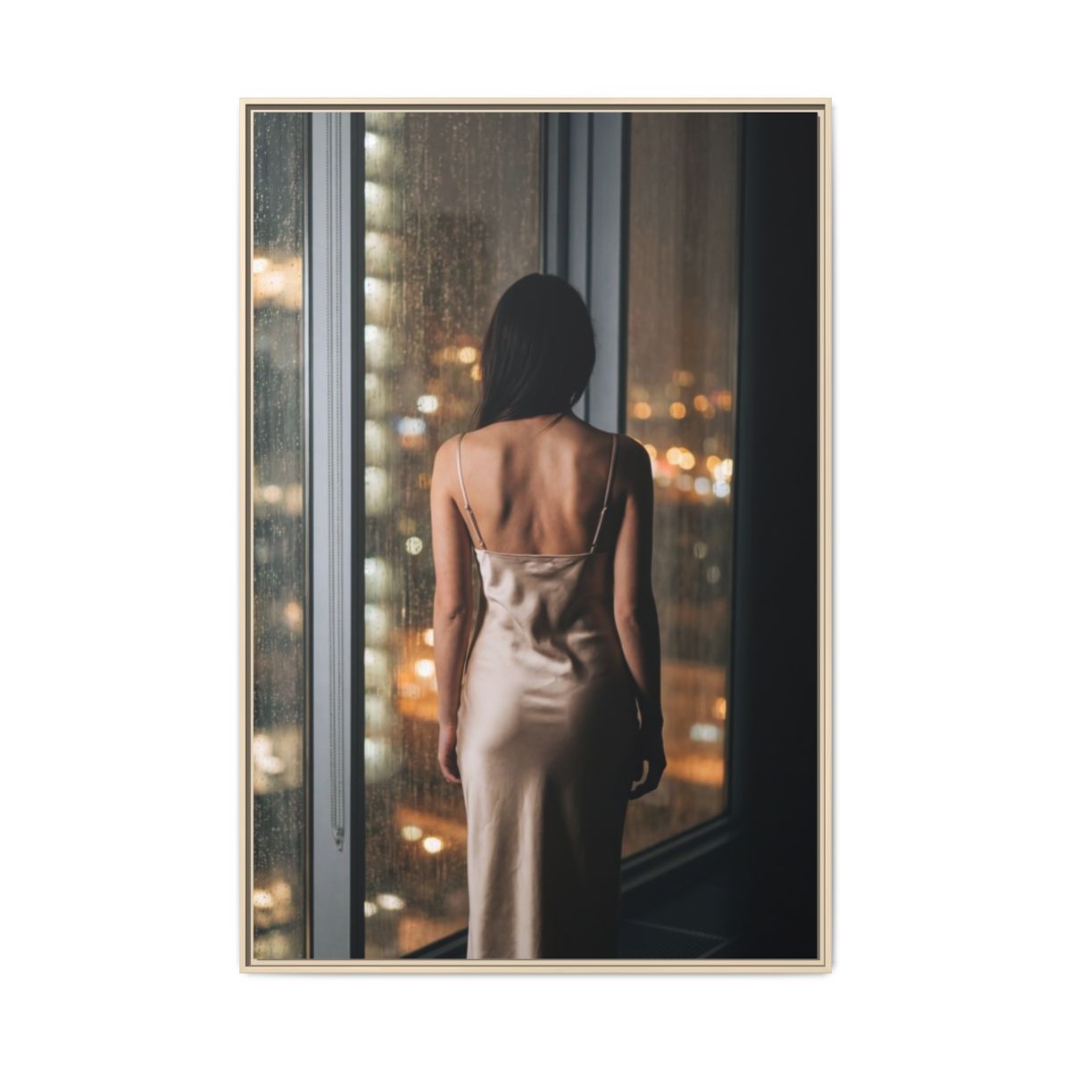 Matte Canvas, Framed - Rainy City lights Glow — Natural /......